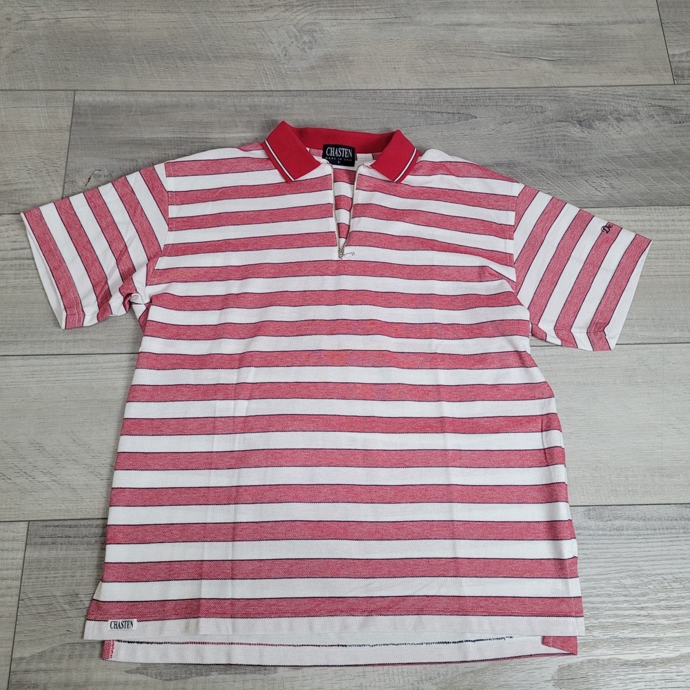 🏌️Vintage Chasten Golf Polo Men's Large Cotton Red White Stripe Made in USA🏌️